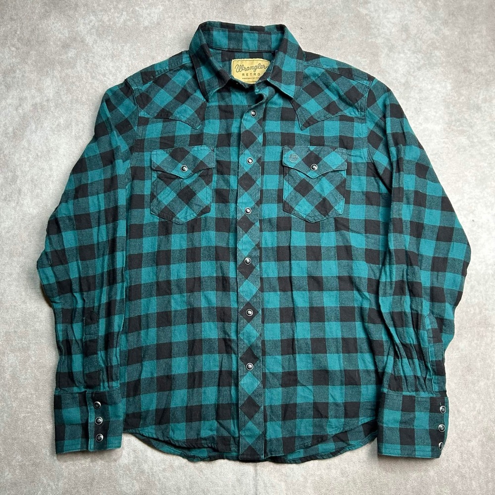 Wrangler Retro Mens Small Teal Black Buffalo Plaid Western Pearl Snap Shirt